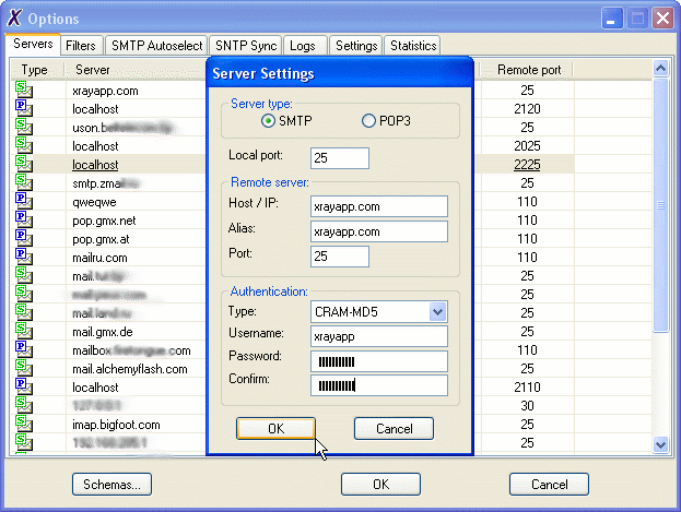 X-Ray Mail Assistant screenshot. Edit server settings.